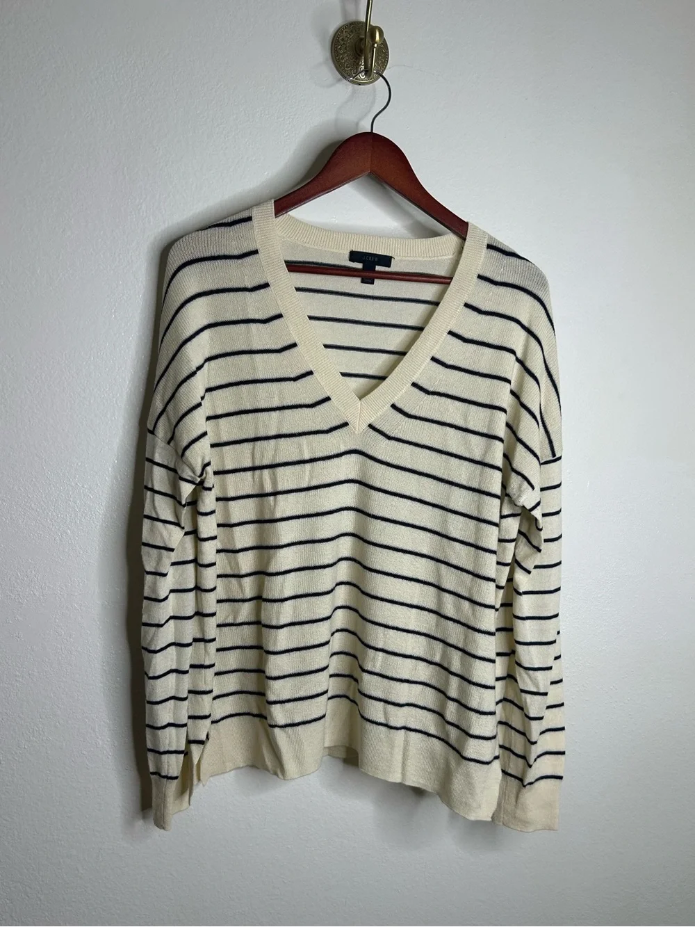 J. Crew Merino Wool Cotton Striped Cream Navy Lightweight V - Neck Sweater
